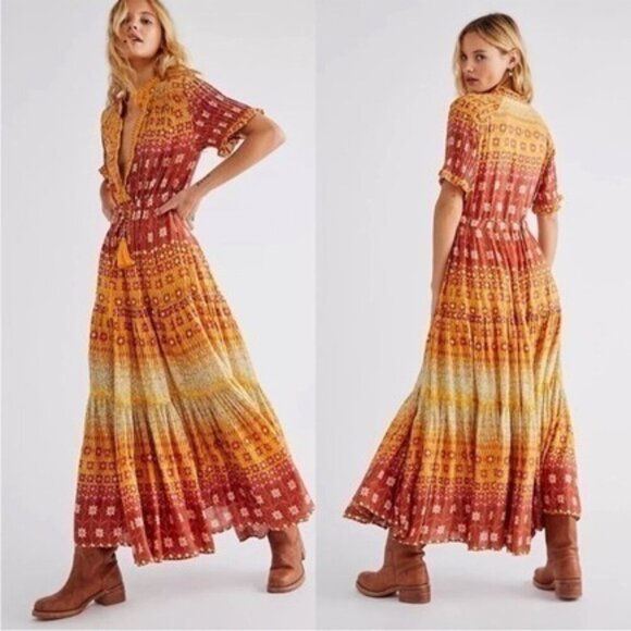 Free People Rare Feelings Maxi Dress 3/4 Sleeve Tiered Skirt Gold Floral M - Picture 1 of 10